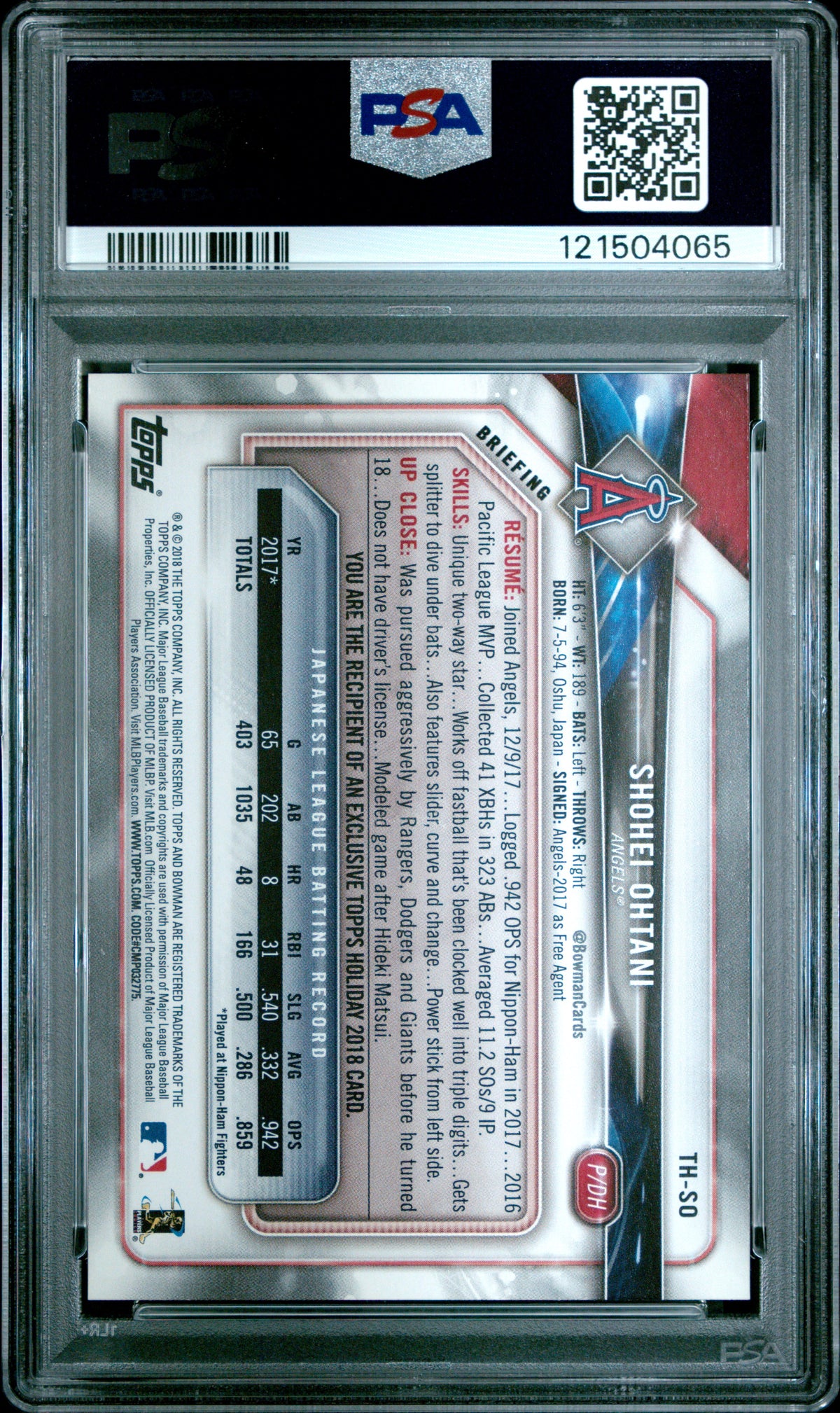 2018 TOPPS HOLIDAY BOWMAN #TH-SO SHOHEI OHTANI BOWMAN PSA 10 GEM MINT