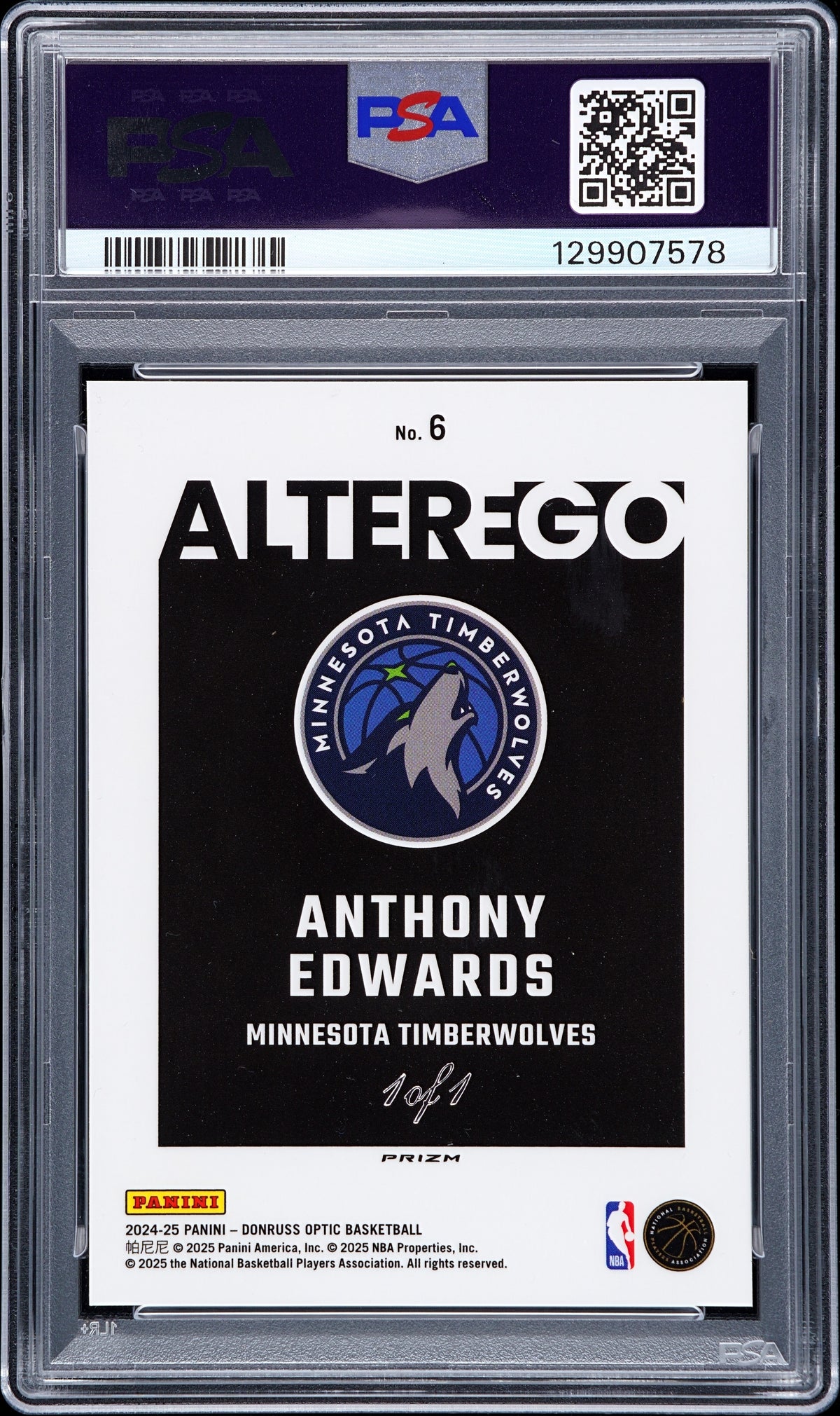 2024 PANINI DONRUSS OPTIC ALTER EGO #6 ANTHONY EDWARDS ALTER EGO-GOLD VINYL 1/1 PSA 10 GEM MINT