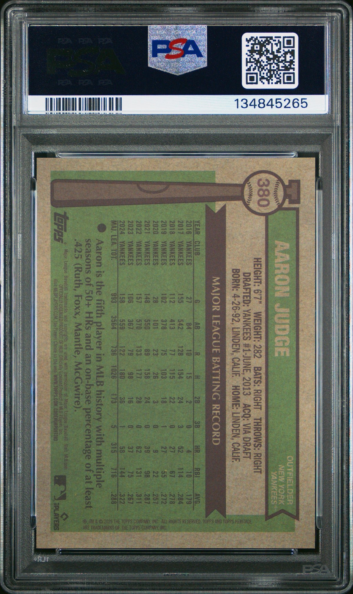 2025 TOPPS HERITAGE #380 AARON JUDGE CHROME-ORANGE REFRACTOR #/25 PSA 9 MINT