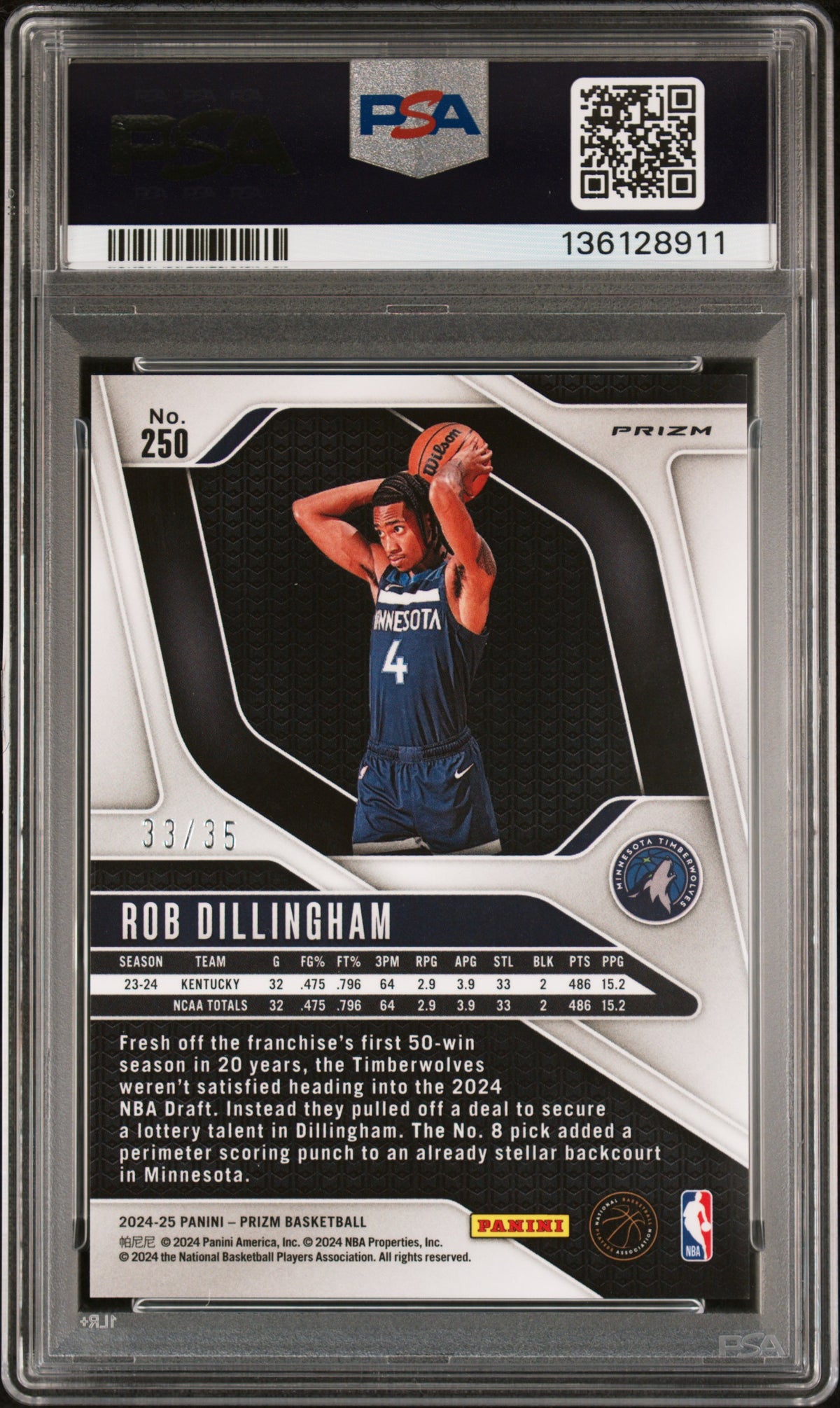 2024 PANINI PRIZM #250 ROB DILLINGHAM WHITE ICE #/35 PSA 10 GEM MINT