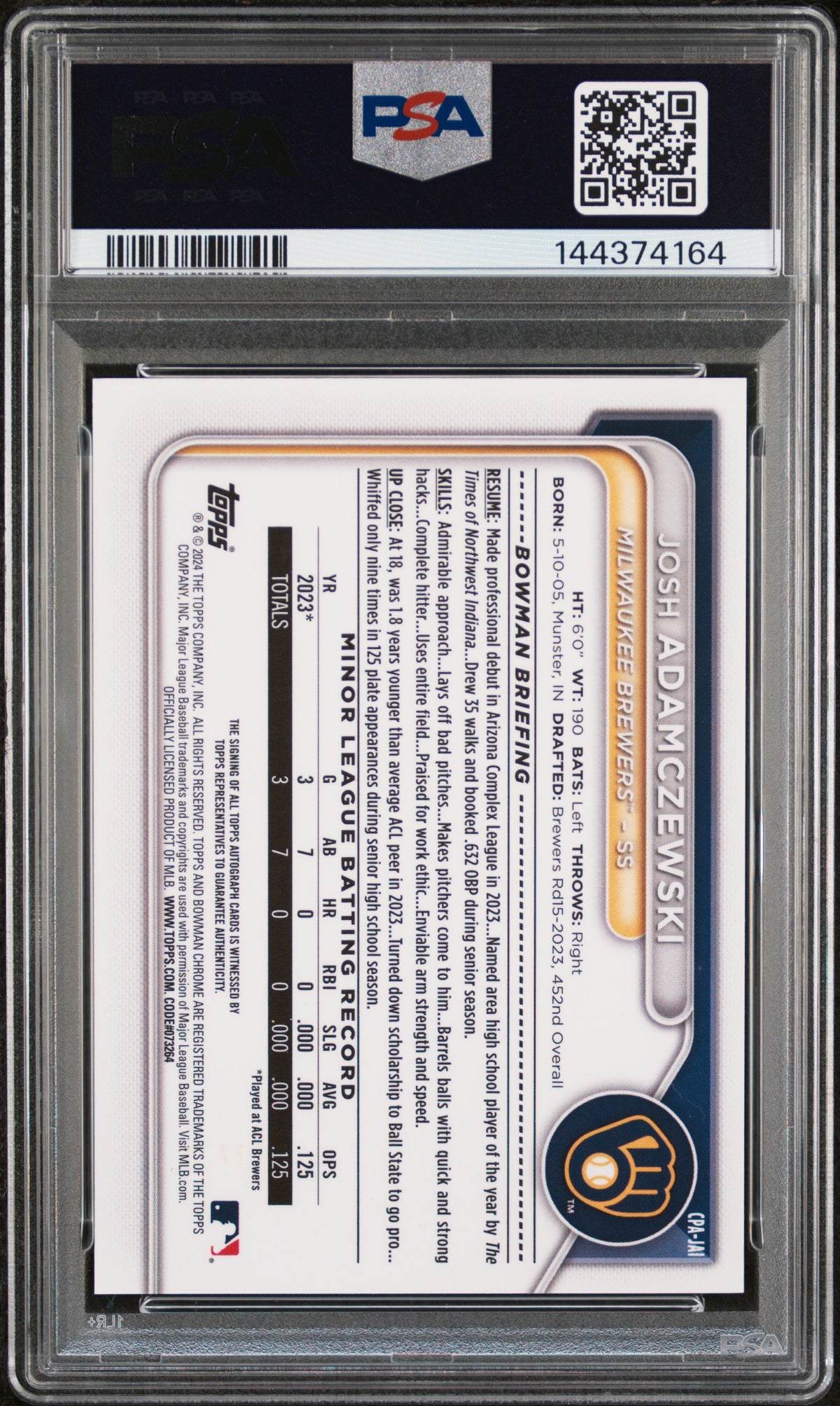 2024 BOWMAN CHROME PROSPECT AUTOGRAPHS #CPAJAI JOSH ADAMCZEWSKI PROSPECT AUTO-SPECKLE REF PSA 10 GEM MINT