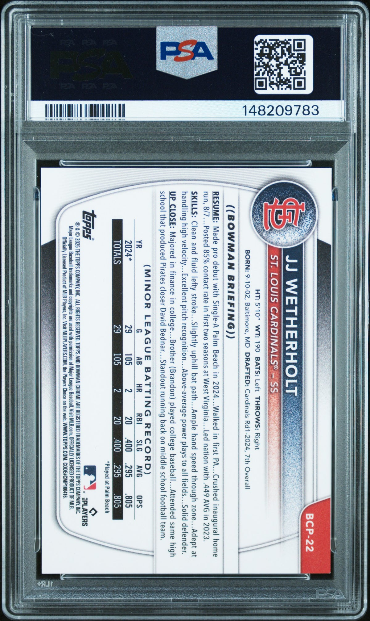 2025 BOWMAN CHROME PROSPECTS #BCP22 JJ WETHERHOLT CHROME PROSPECTS-PEANUTS PSA 9
