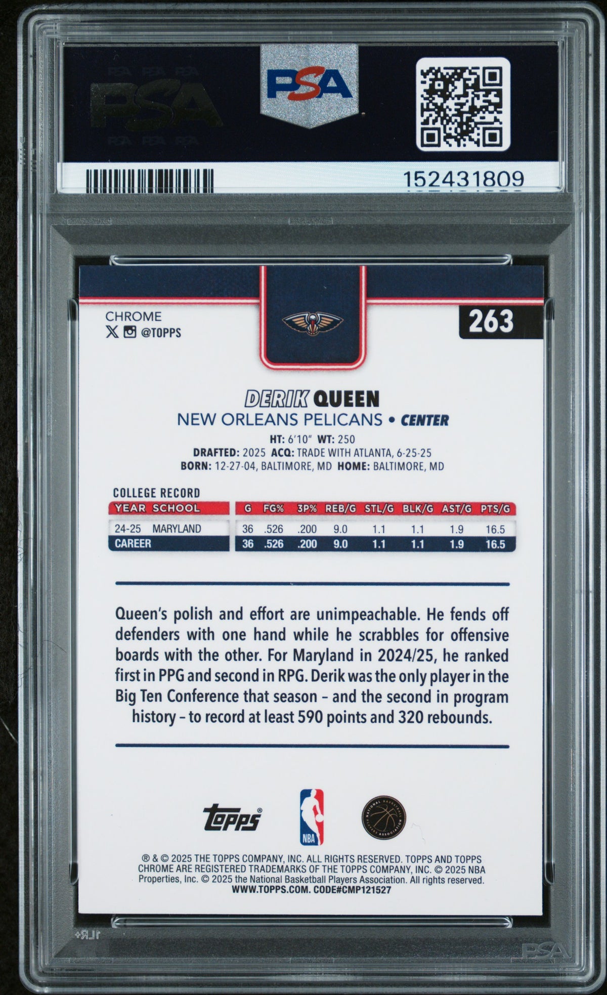 2025 TOPPS CHROME #263 DERIK QUEEN PURPLE RAYWAVE #/75 PSA 10 GEM MINT