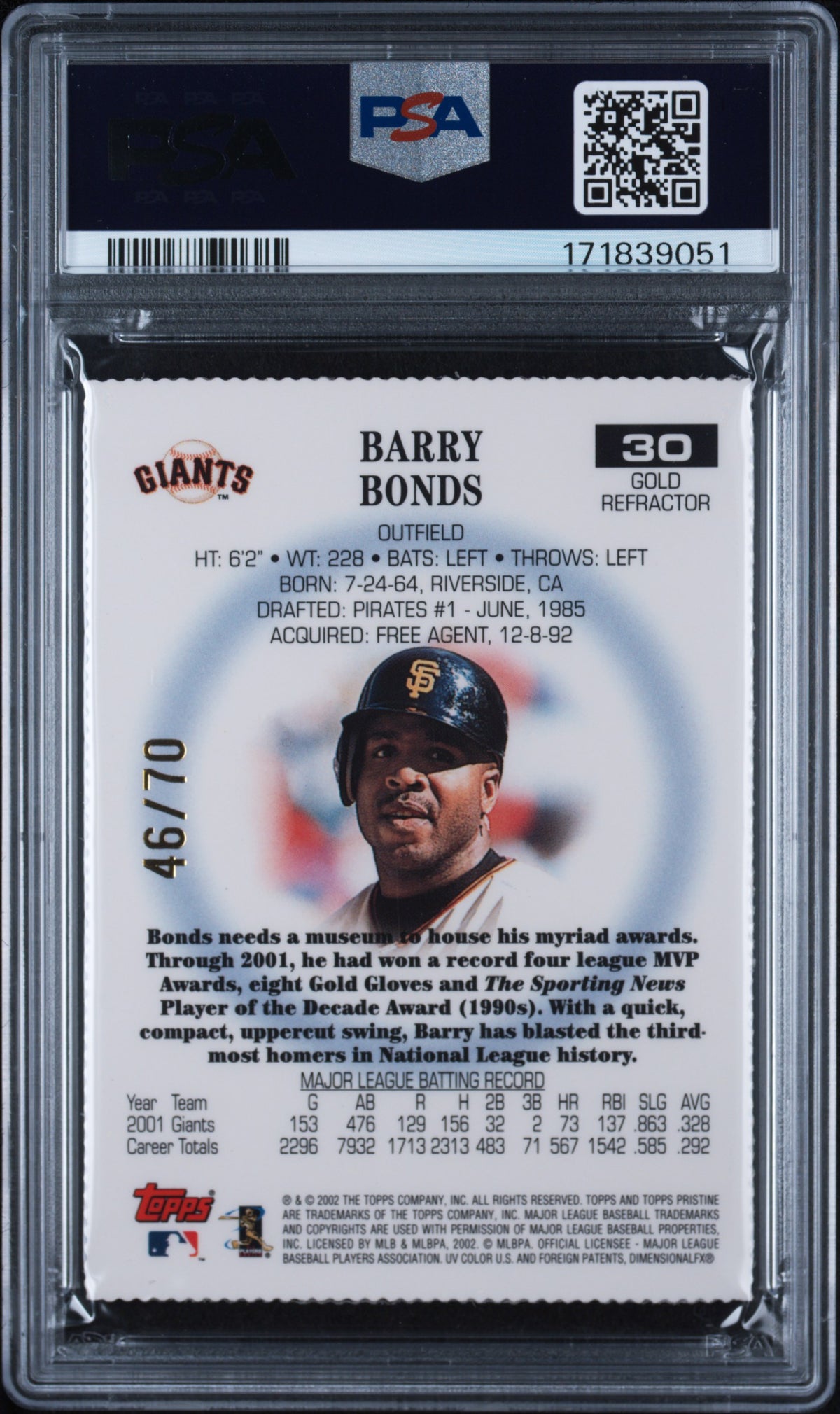 2002 TOPPS PRISTINE #30 BARRY BONDS GOLD REFRACTOR PSA 10 GEM MINT POP 4