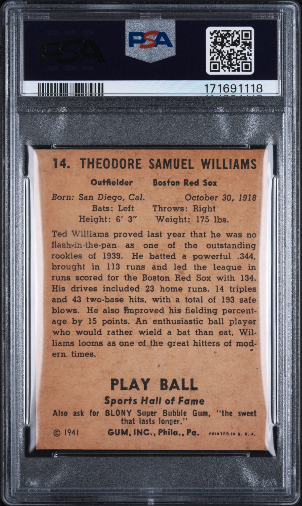 1941 PLAY BALL #14 TED WILLIAMS PSA AUTHENTIC