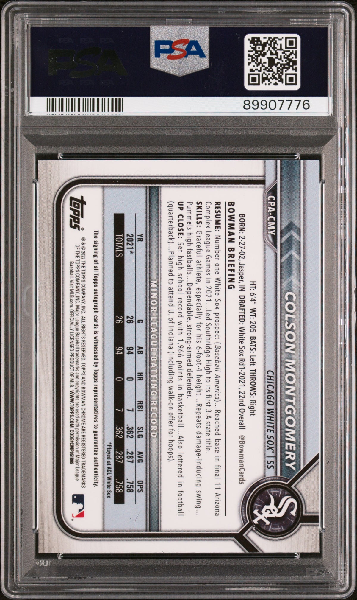 2022 BOWMAN CHROME PROSPECT AUTOGRAPHS #CPACMY COLSON MONTGOMERY AUTO PSA 10 GEM MINT