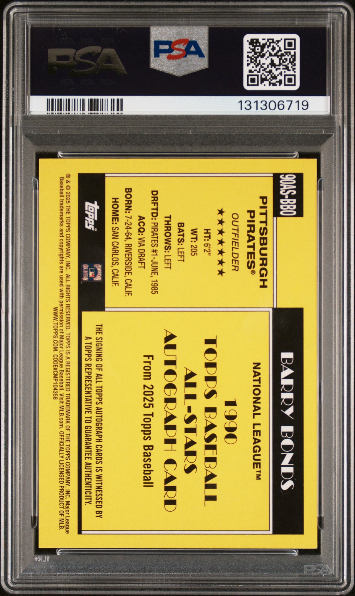 2025 TOPPS 1990 TOPPS ALL-STAR AUTOGRAPHS #90ASBBO BARRY BONDS 1990 TOPPS ALL-STAR AUTO BLACK #/10 PSA 9 MINT
