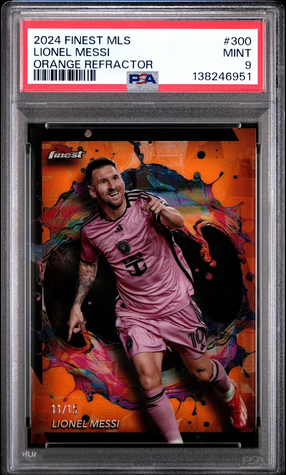 2024 TOPPS FINEST MLS #300 LIONEL MESSI ORANGE REFRACTOR #/25 PSA 9 MINT