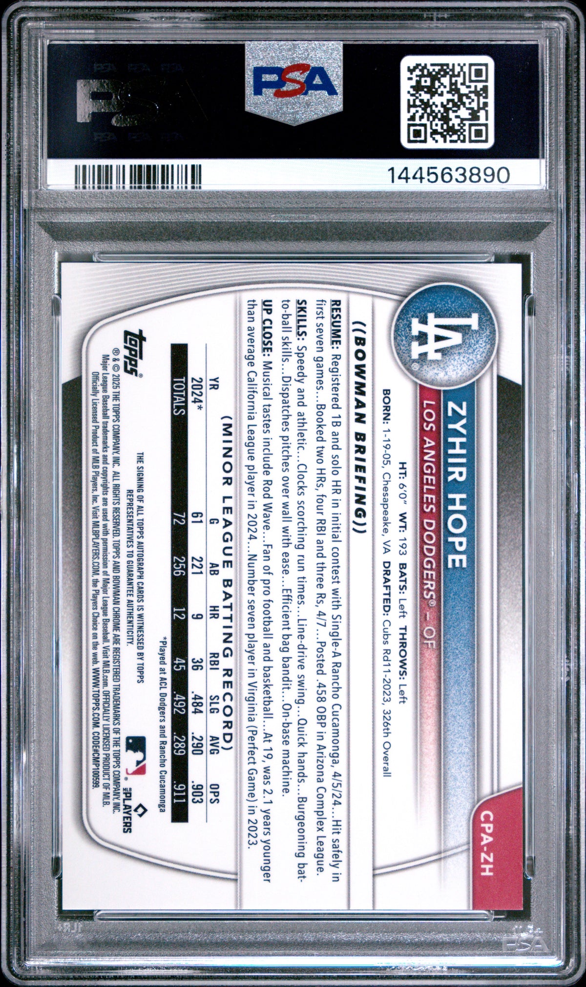 2025 BOWMAN CHROME PROSPECT AUTOGRAPHS #CPAZH ZYHIR HOPE GOLD SHIMMER AUTO #/50 PSA 10 GEM MINT