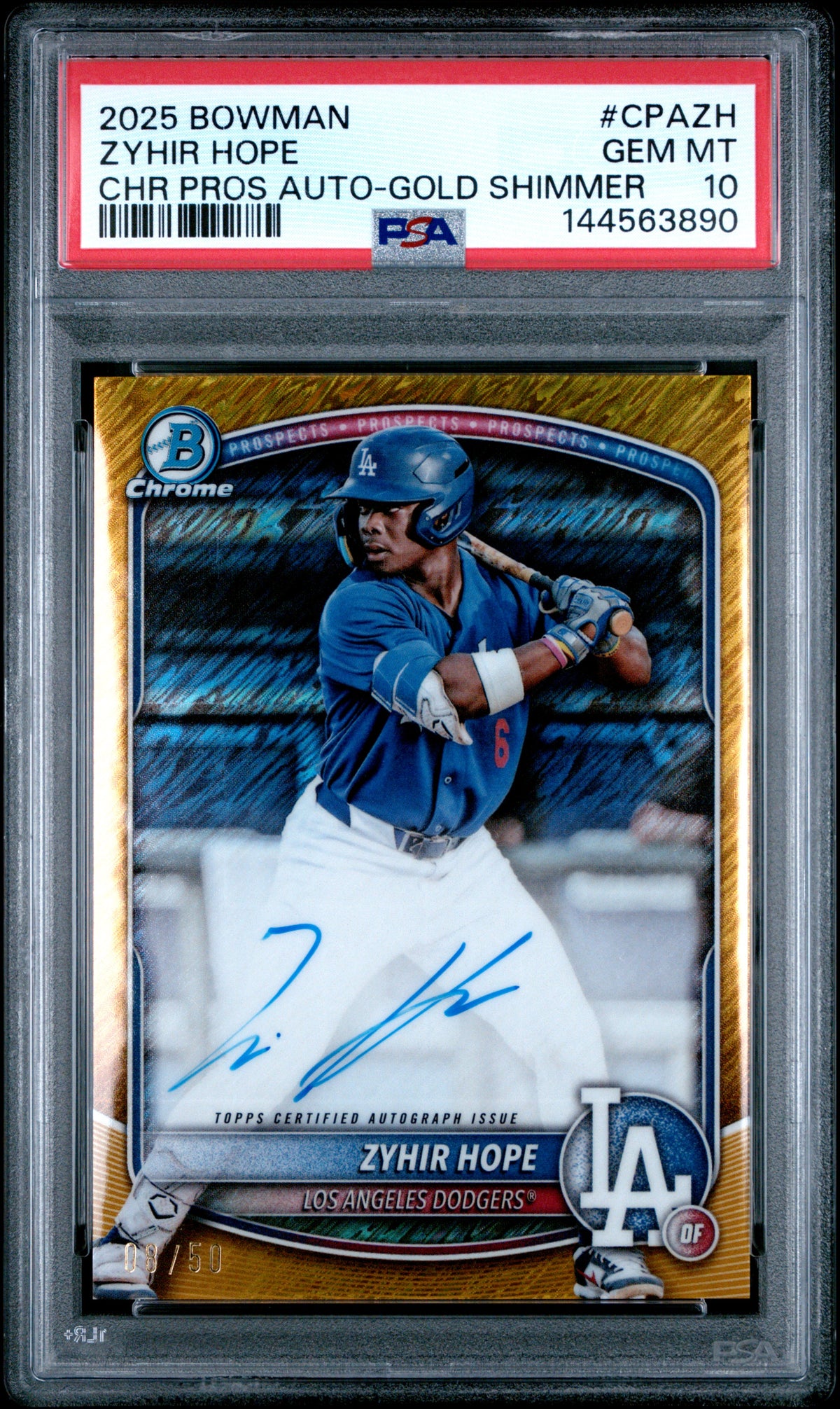 2025 BOWMAN CHROME PROSPECT AUTOGRAPHS #CPAZH ZYHIR HOPE GOLD SHIMMER AUTO #/50 PSA 10 GEM MINT