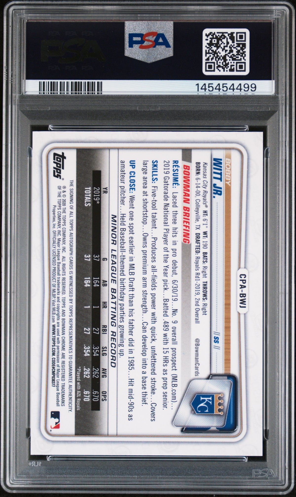 2020 BOWMAN CHROME PROSPECT AUTOGRAPHS #CPABWJ BOBBY WITT JR. PROS AUTO-PRPL REF PSA 9 AUTO 10