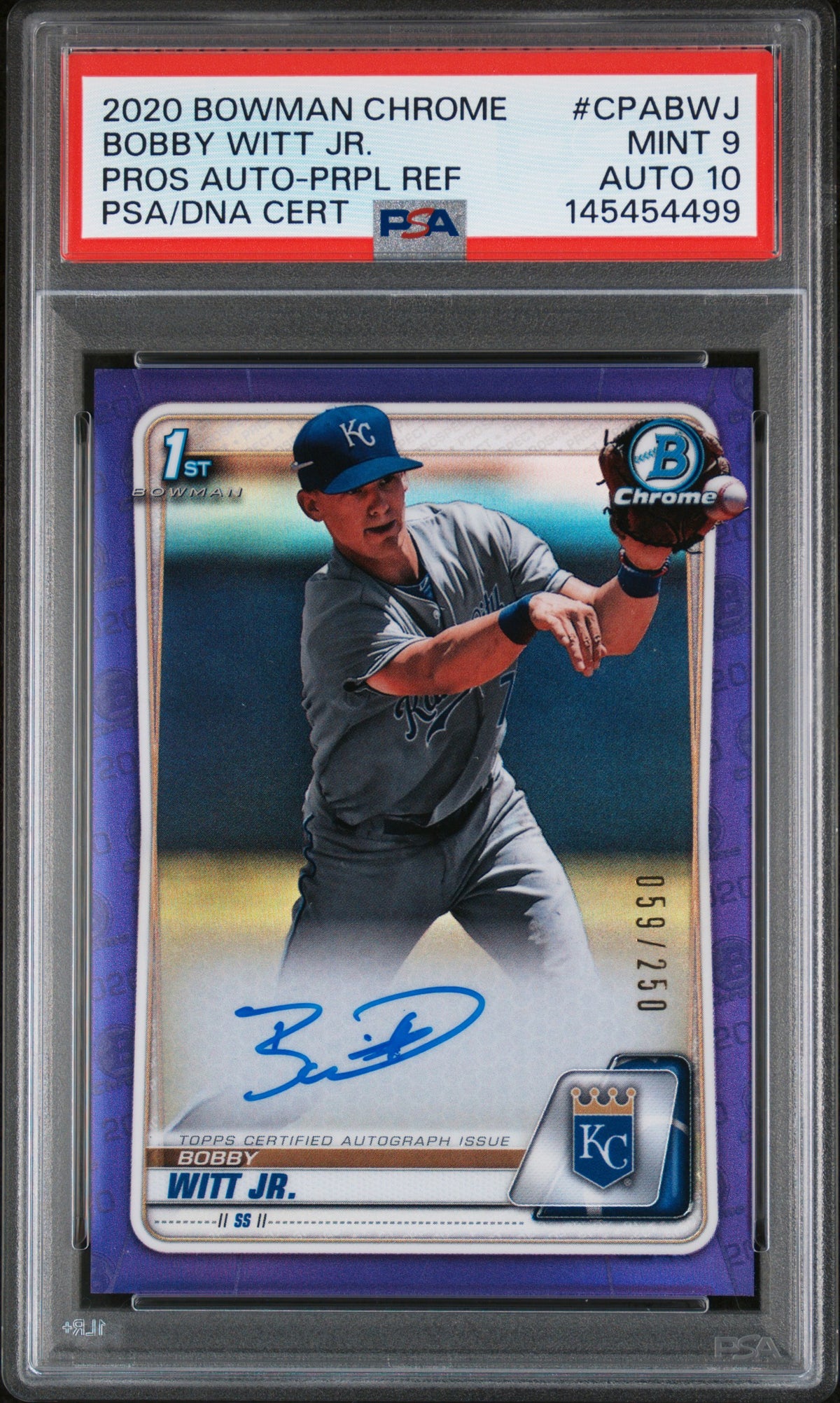 2020 BOWMAN CHROME PROSPECT AUTOGRAPHS #CPABWJ BOBBY WITT JR. PROS AUTO-PRPL REF PSA 9 AUTO 10