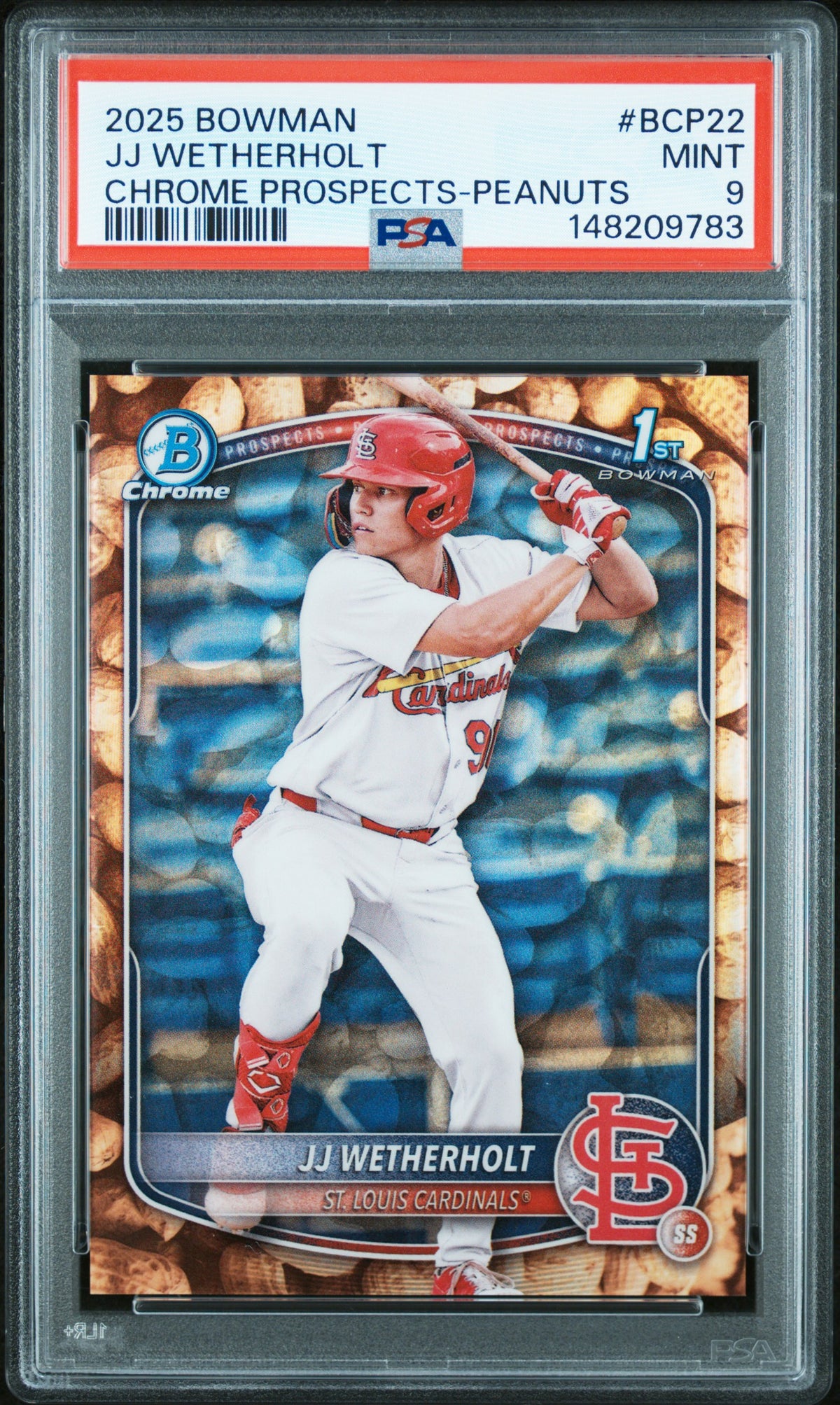 2025 BOWMAN CHROME PROSPECTS #BCP22 JJ WETHERHOLT CHROME PROSPECTS-PEANUTS PSA 9