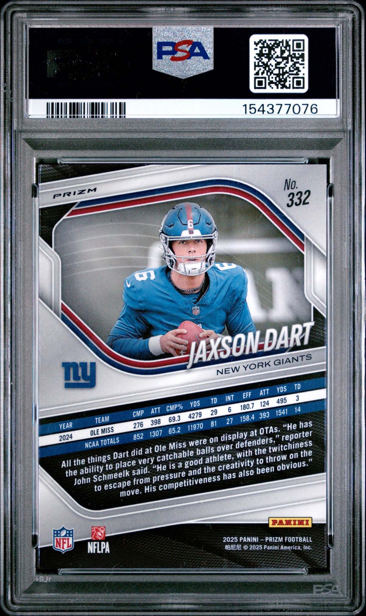 2025 PANINI PRIZM #332 JAXSON DART SILVER PRIZM PSA 10 GEM MINT