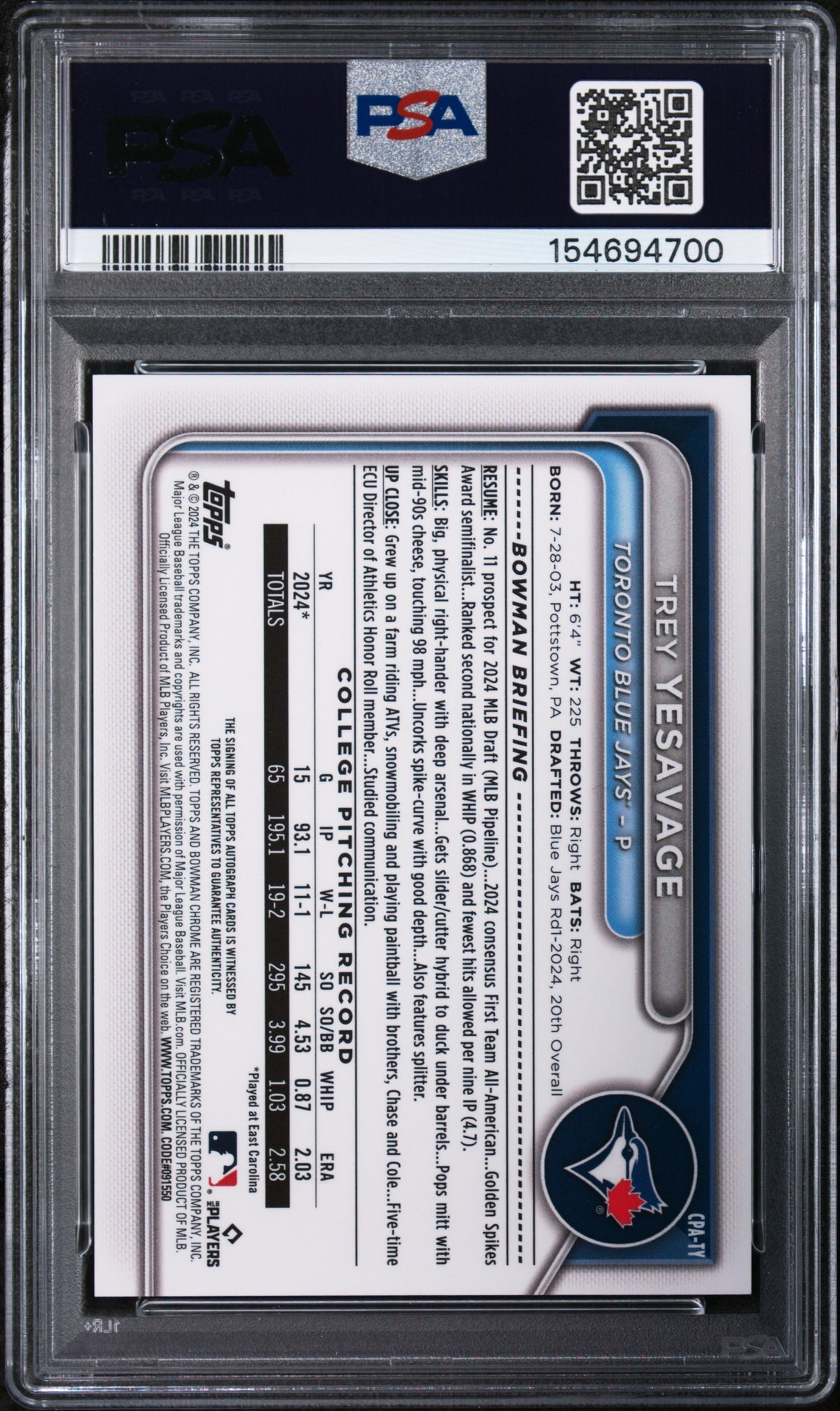 2024 BOWMAN DRAFT CHROME PROSPECT AUTOGRAPHS #CPATY TREY YESAVAGE ORANGE AUTO /25 PSA 10 AUTO 10 GEM MINT