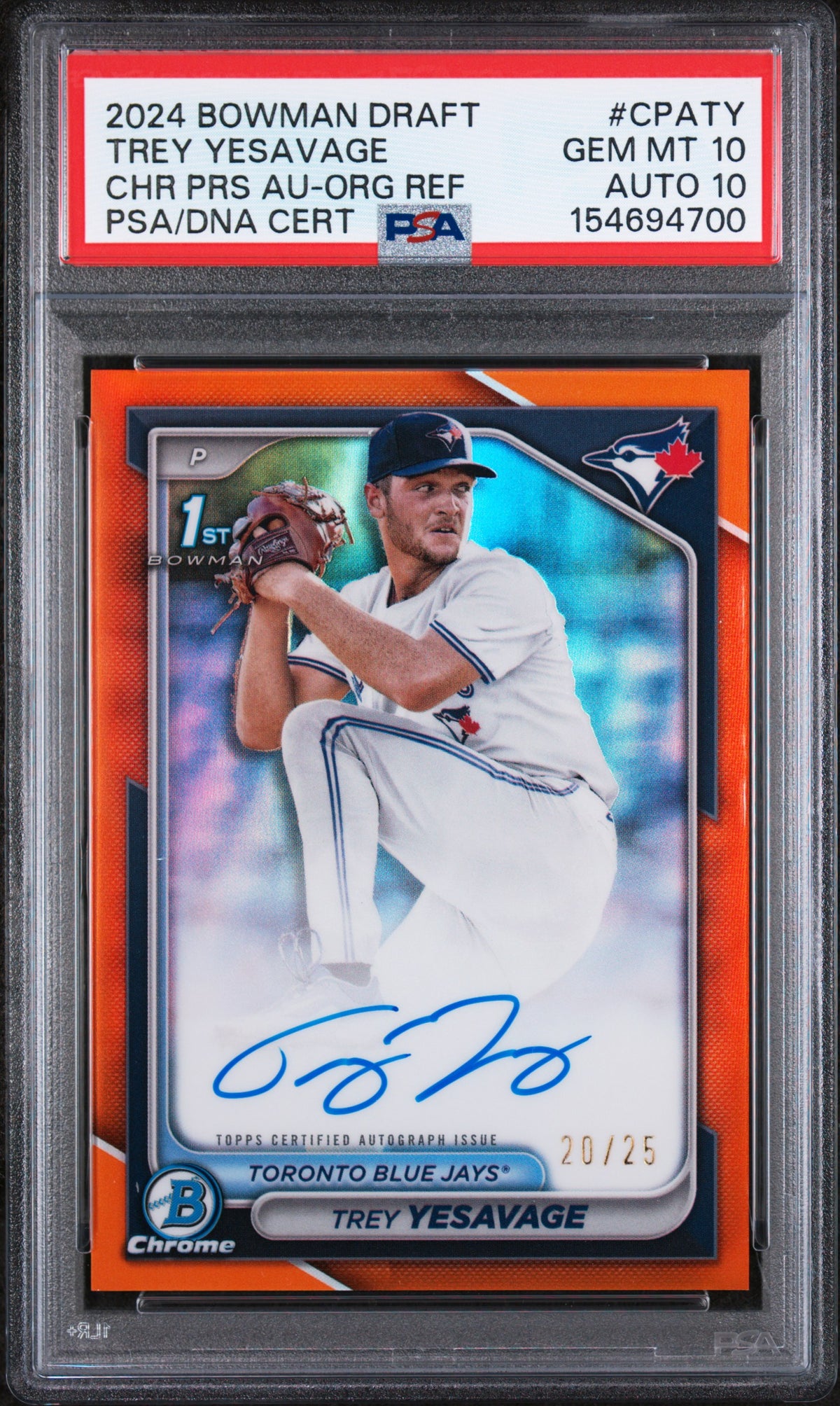 2024 BOWMAN DRAFT CHROME PROSPECT AUTOGRAPHS #CPATY TREY YESAVAGE ORANGE AUTO /25 PSA 10 AUTO 10 GEM MINT