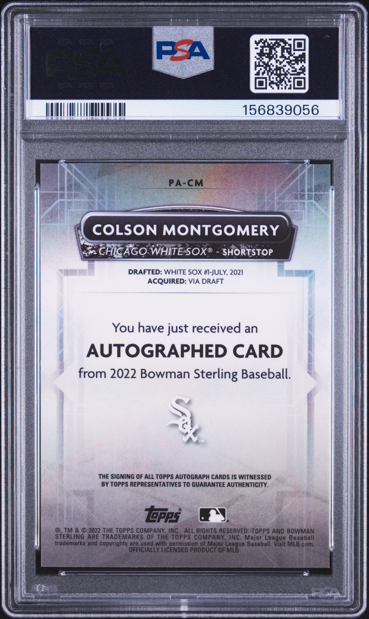 2022 BOWMAN STERLING PROSPECT AUTOGRAPHS #PACM COLSON MONTGOMERY BLUE REFRACTOR AUTO #/25 PSA 10 GEM MINT