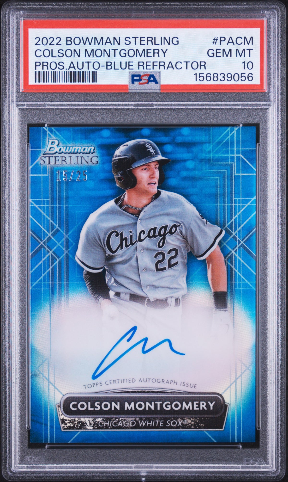 2022 BOWMAN STERLING PROSPECT AUTOGRAPHS #PACM COLSON MONTGOMERY BLUE REFRACTOR AUTO #/25 PSA 10 GEM MINT