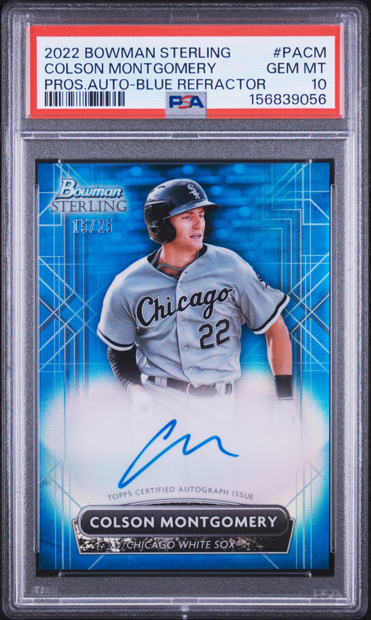 2022 BOWMAN STERLING PROSPECT AUTOGRAPHS #PACM COLSON MONTGOMERY BLUE REFRACTOR AUTO #/25 PSA 10 GEM MINT