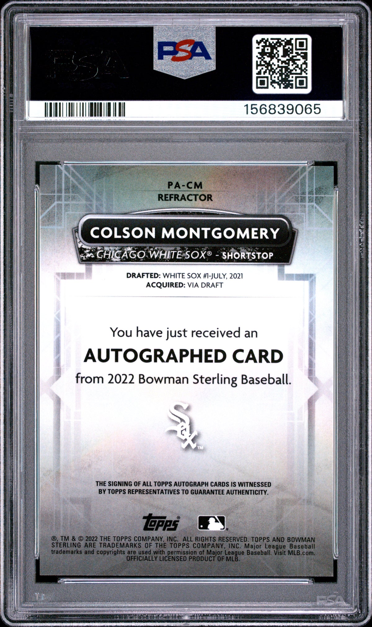 2022 BOWMAN STERLING PROSPECT AUTOGRAPHS #PACM COLSON MONTGOMERYREFRACTOR AUTO #/150 PSA 10 GEM MINT