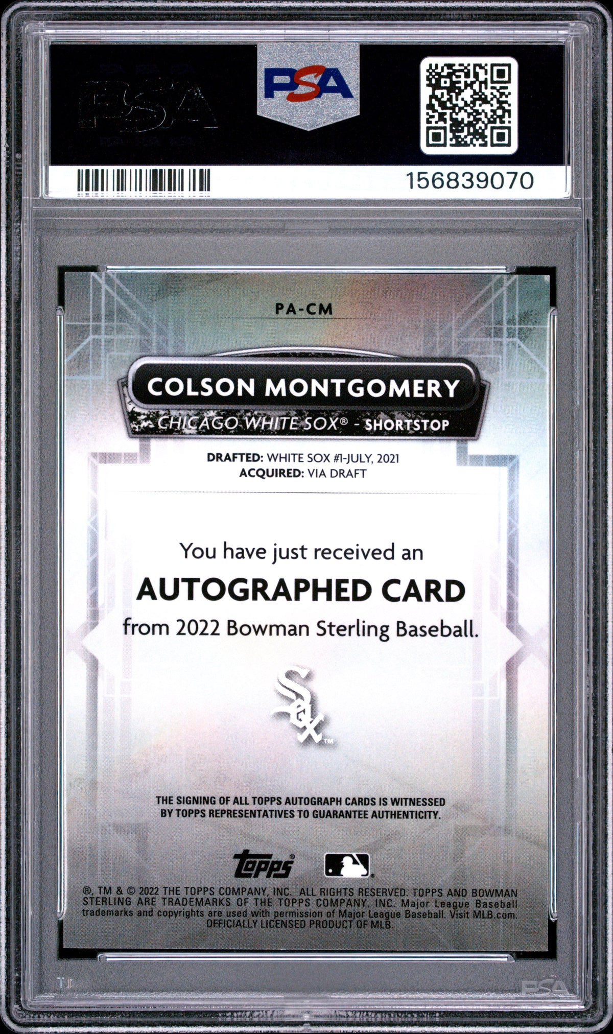 2022 BOWMAN STERLING PROSPECT AUTOGRAPHS #PACM COLSON MONTGOMERY WAVE REFRACTOR AUTO #/125 PSA 10 GEM MINT