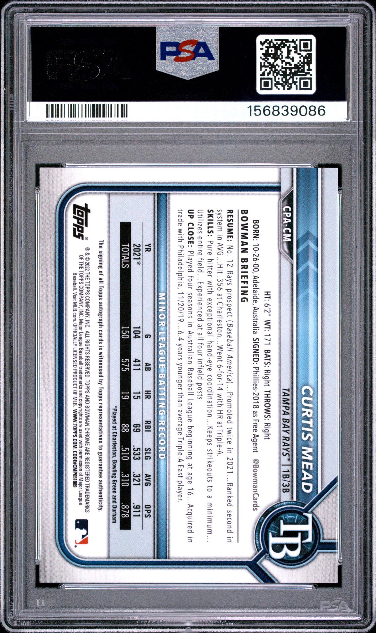 2022 BOWMAN CHROME PROSPECT AUTOGRAPHS #CPACM CURTIS MEAD CHR.PROS.AUTO-GOLD REF. PSA 10 GEM MINT