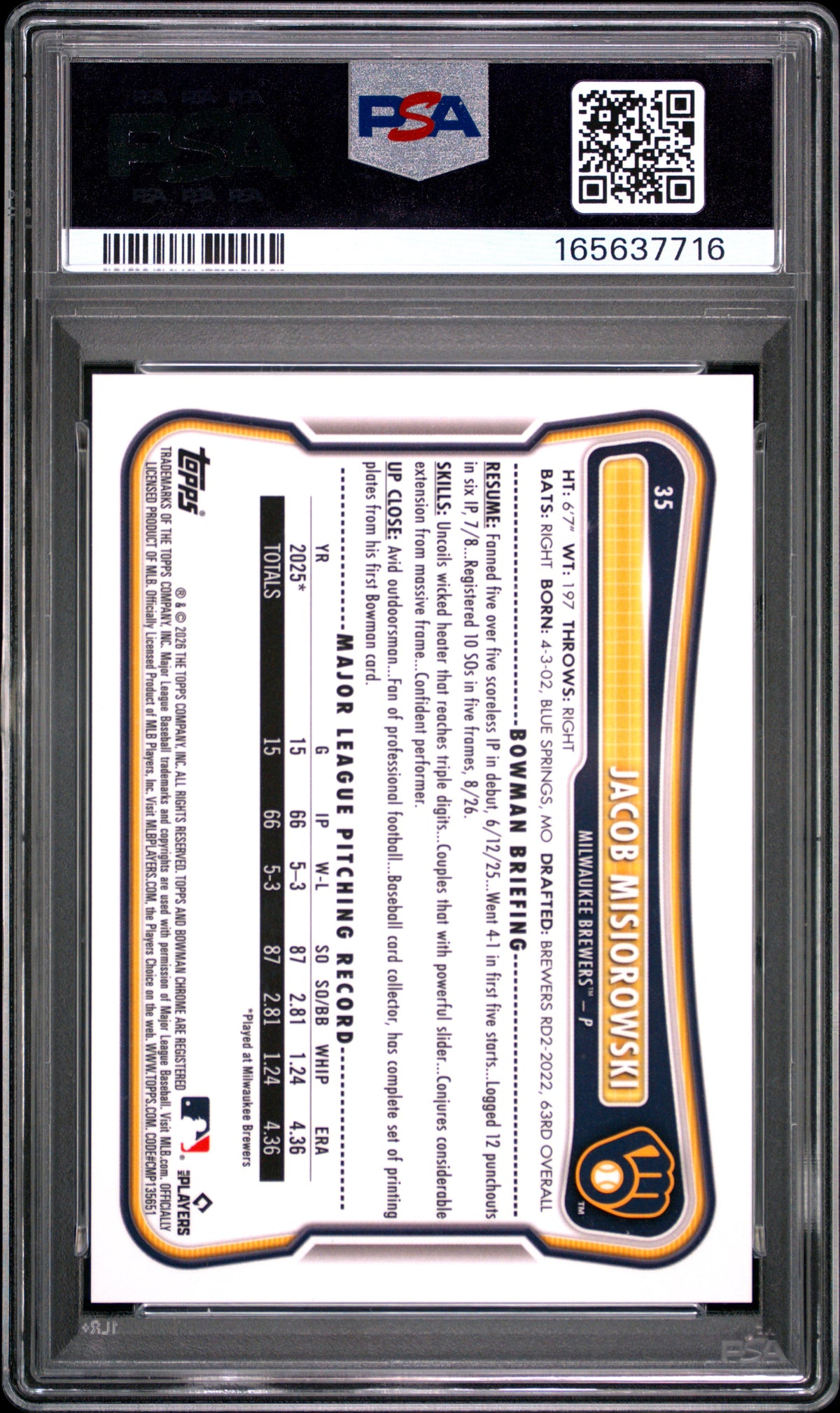 2026 BOWMAN MEGA BOX CHROME #35 JACOB MISIOROWSKI IMAGE VARIATION PSA 10 GEM MINT
