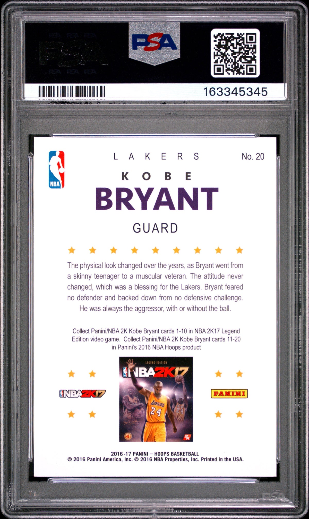 2016 PANINI HOOPS KOBE BRYANT #30 KOBE 2K17 HOOPS PSA 10 GEM MINT