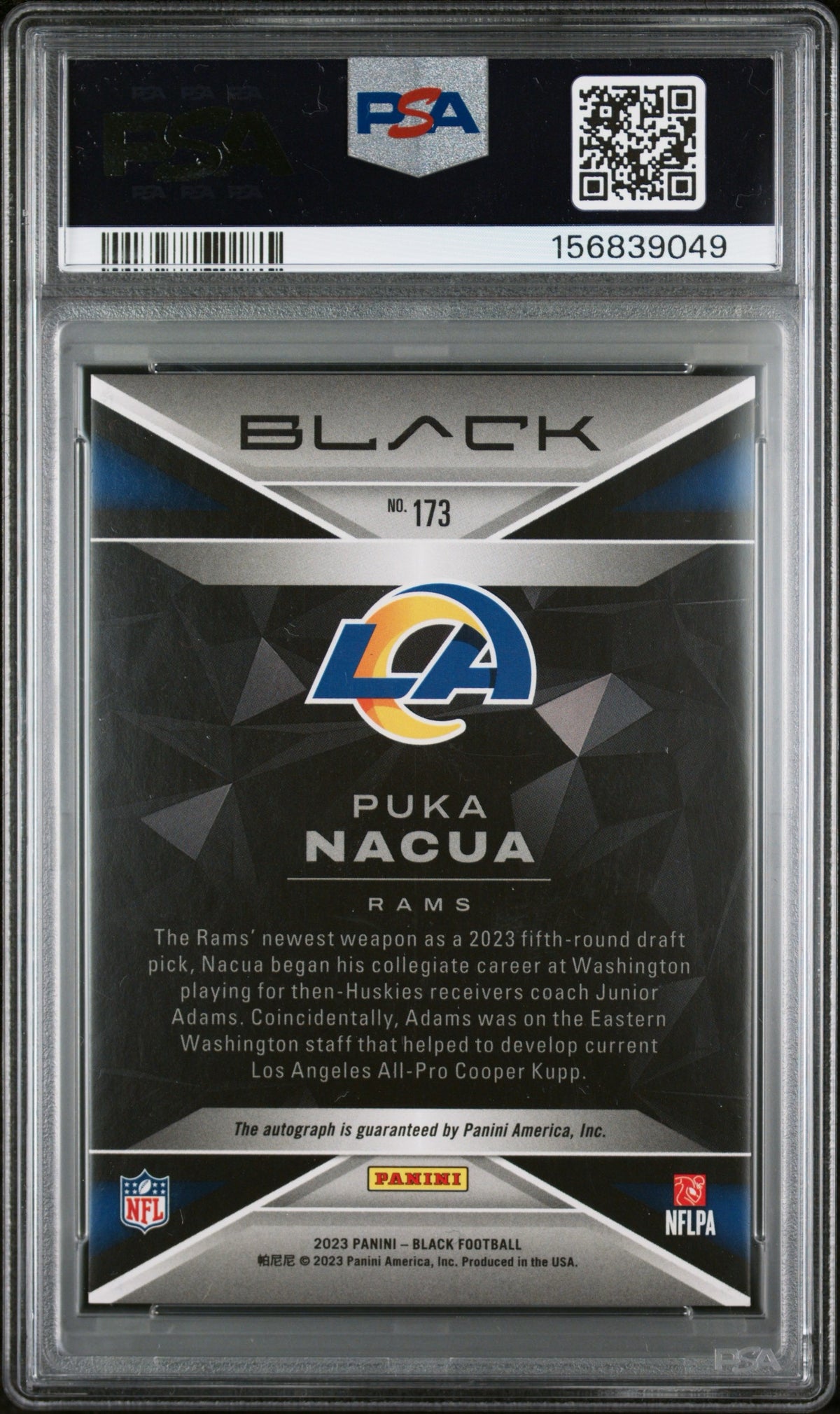 2023 PANINI BLACK #173 PUKA NACUA AUTOGRAPH #/25 ORANGE PSA 8 ROOKIE AUTO