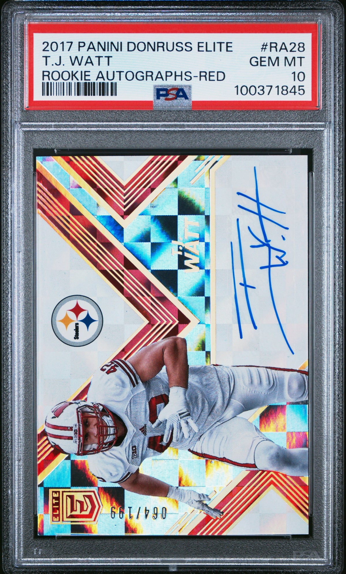 2017 PANINI DONRUSS ELITE T.J. WATT ROOKIE AUTOGRAPH RED /199 #RA28 PSA 10 GEM MINT