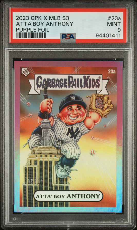 2023 TOPPS GARBAGE PAIL KIDS X MLB SERIES 3 #23a ATTA'BOY ANTHONY PURPLE FOIL #/10 PSA 9 MINT