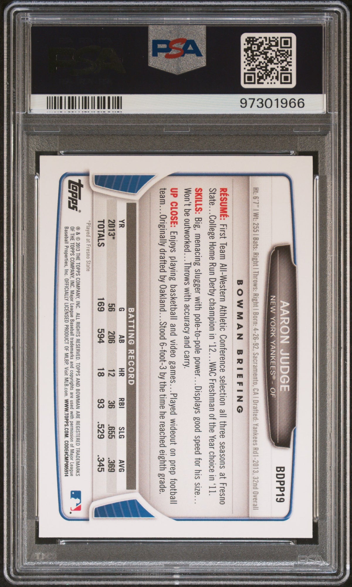 2017 TOPPS ARCHIVES SIGNATURES SERIES #BDPP19 AARON JUDGE SIG SERIES-2013 BOWMAN #/99 PSA 9 MINT