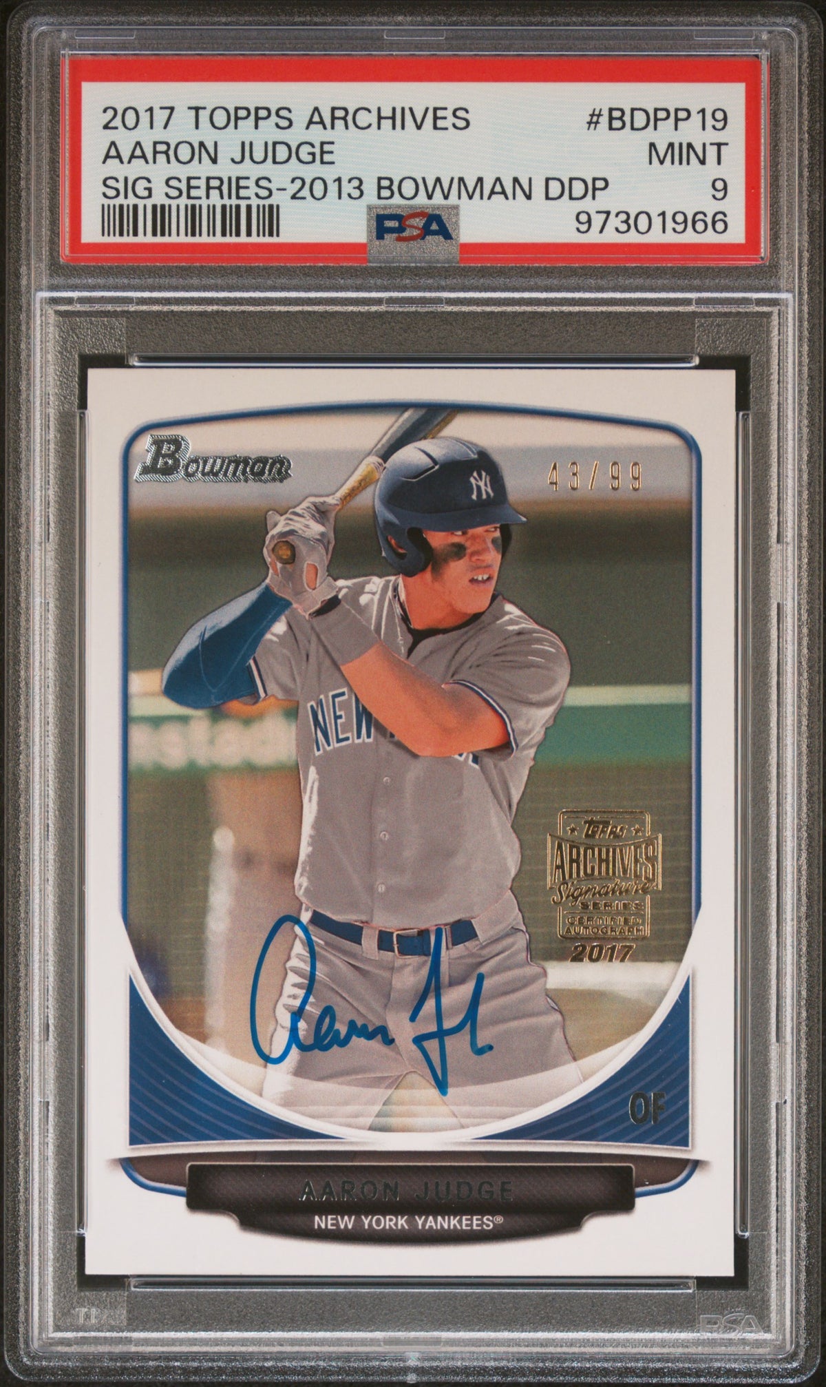 2017 TOPPS ARCHIVES SIGNATURES SERIES #BDPP19 AARON JUDGE SIG SERIES-2013 BOWMAN #/99 PSA 9 MINT