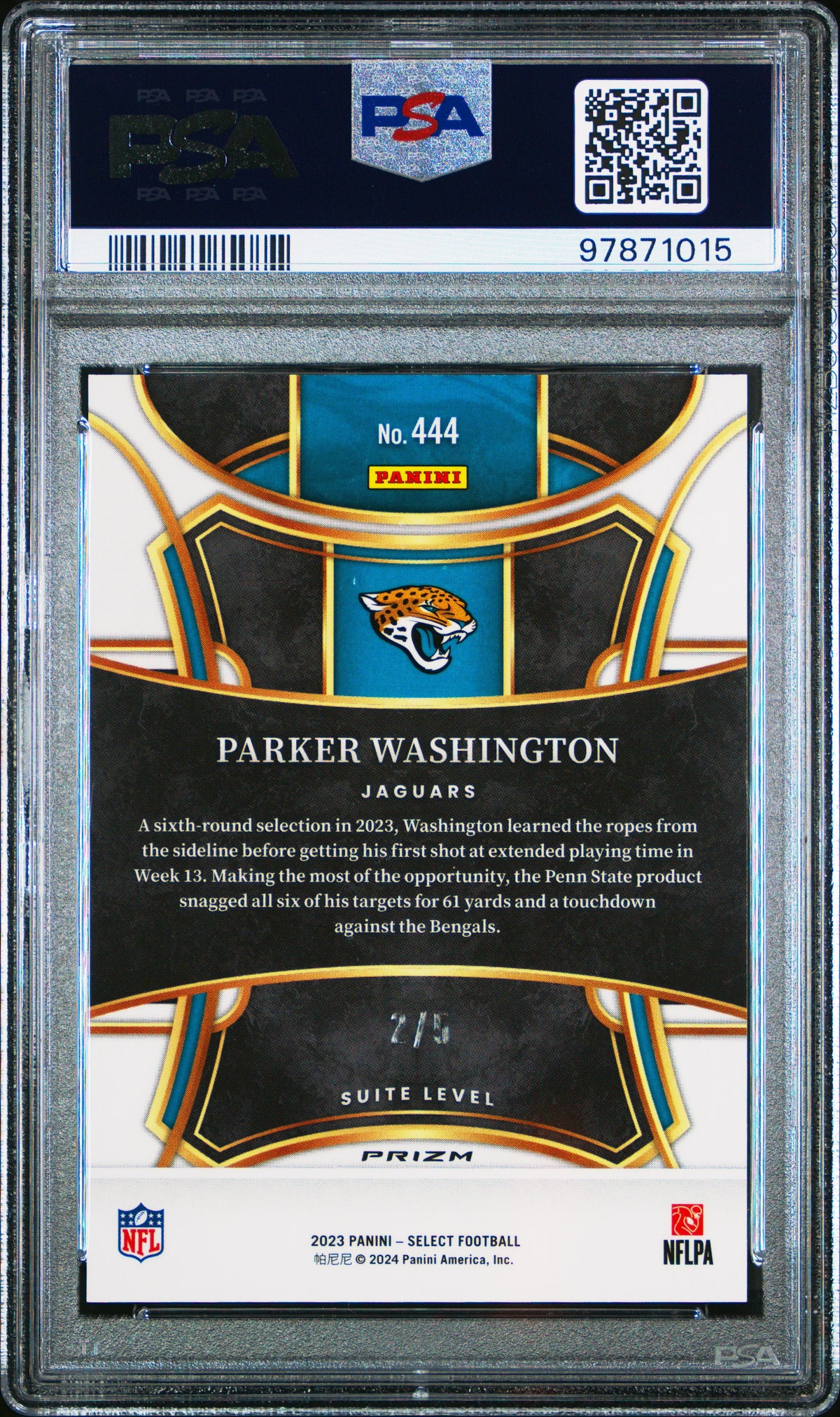 2023 PANINI SELECT #444 PARKER WASHINGTON GREEN PRIZM #/5 PSA 10 GEM MINT
