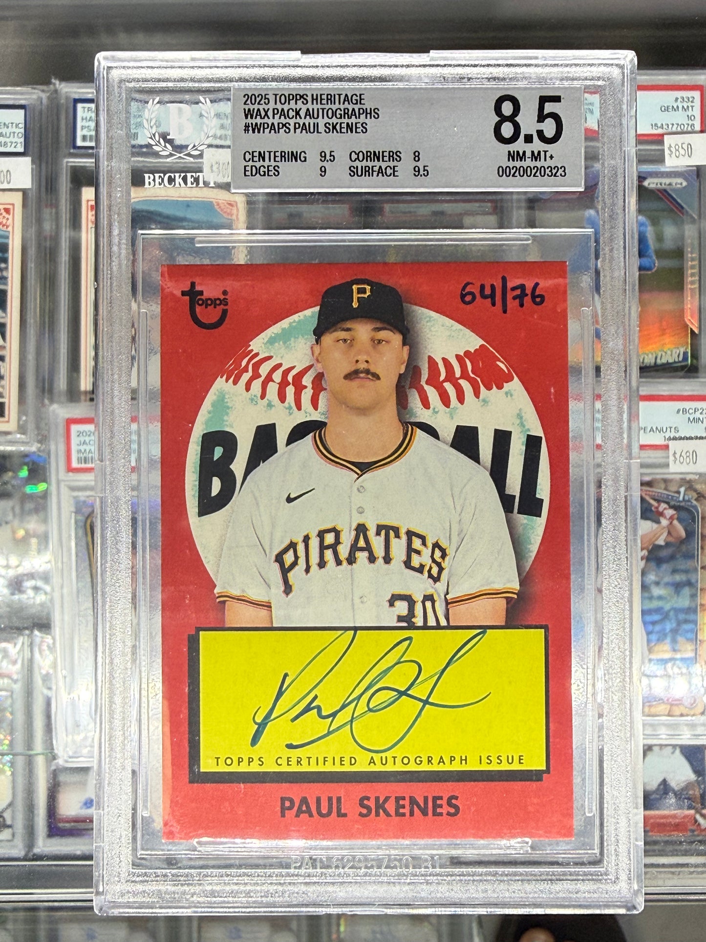 2025 TOPPS HERITAGE WAX PACK AUTO #WPAPS PAUL SKENES AUTOGRAPH HAND NUMBERED #/76 BGS 8.5