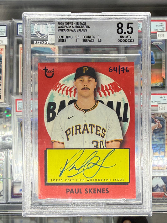 2025 TOPPS HERITAGE WAX PACK AUTO #WPAPS PAUL SKENES AUTOGRAPH HAND NUMBERED #/76 BGS 8.5