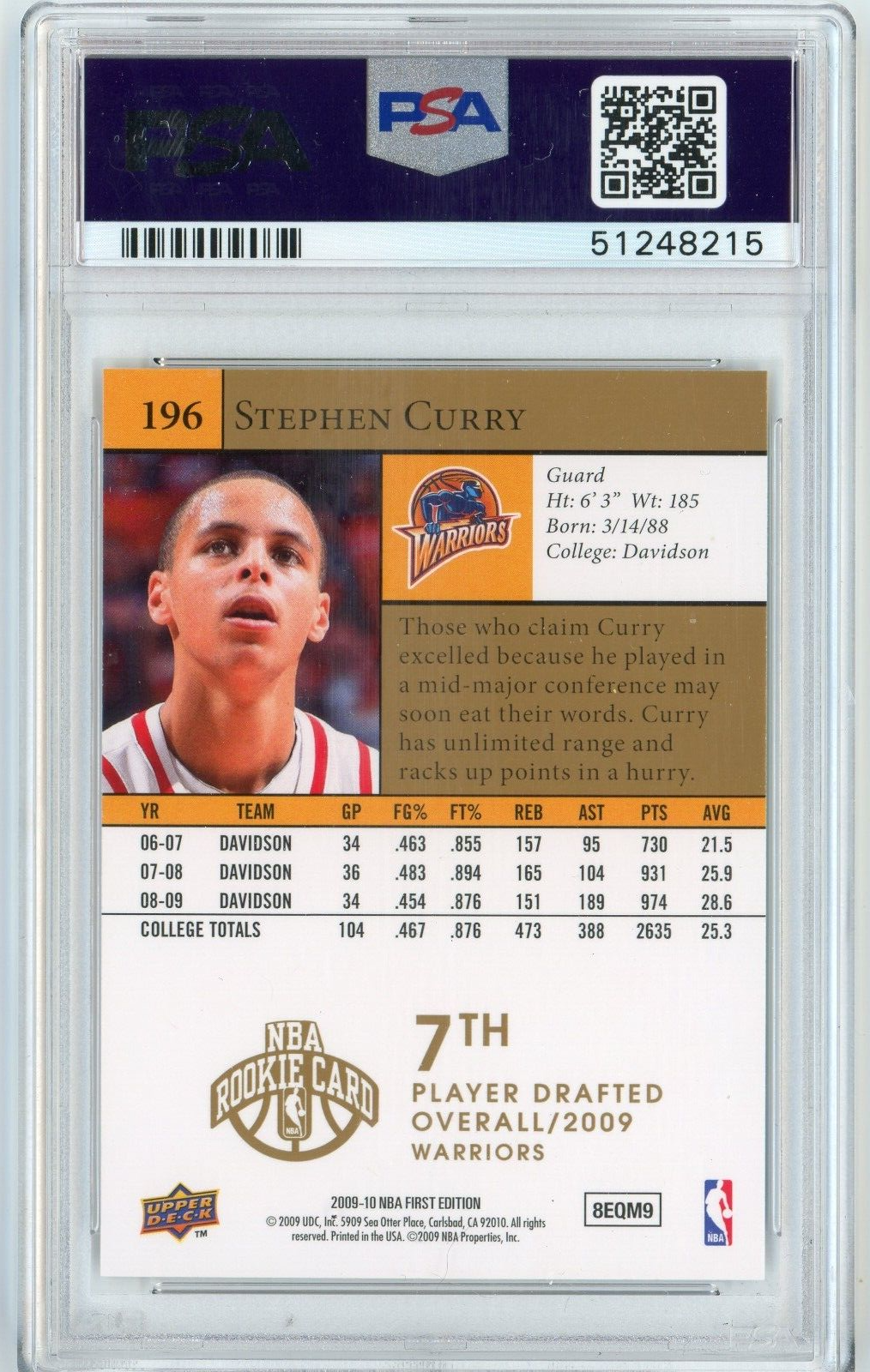 2009 Upper Deck First Edition Gold #196 Stephen Curry Rookie Card PSA 10 GEM MT